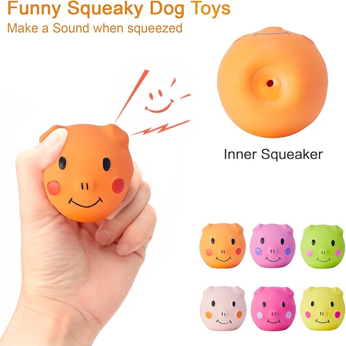 Coricorsu Squeaky Dog Toy Dog Squeaky Toys Chewing Durable Teething Latex Rubber Soft Interactive Fetch Play Dog Balls with Funny Piggy Face for Puppy Small Medium Pet Dog (6PCS)