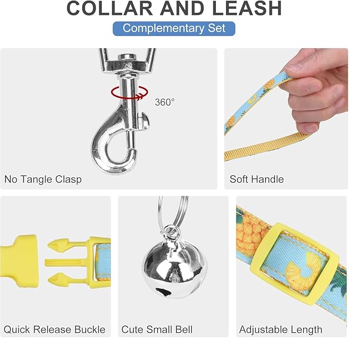 EXPAWLORER Small Dog Harness and Leash Set - Cute Puppy Harness Leash Dog Collar with AirTag Holder Silicone Case, Soft Padded Step in Pet Vest Reflective for Outdoor Walking, Pineapple XS
