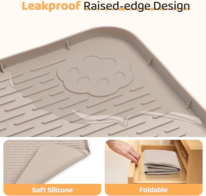 Bartuke Dog Food Mat, Extra Large 50" x 35" Silicone Pet Feeding Mat with Raised Edge Pet Placemat for Small, Medium, and Large Pets Non-Slip, Easy to Clean (Khaki)