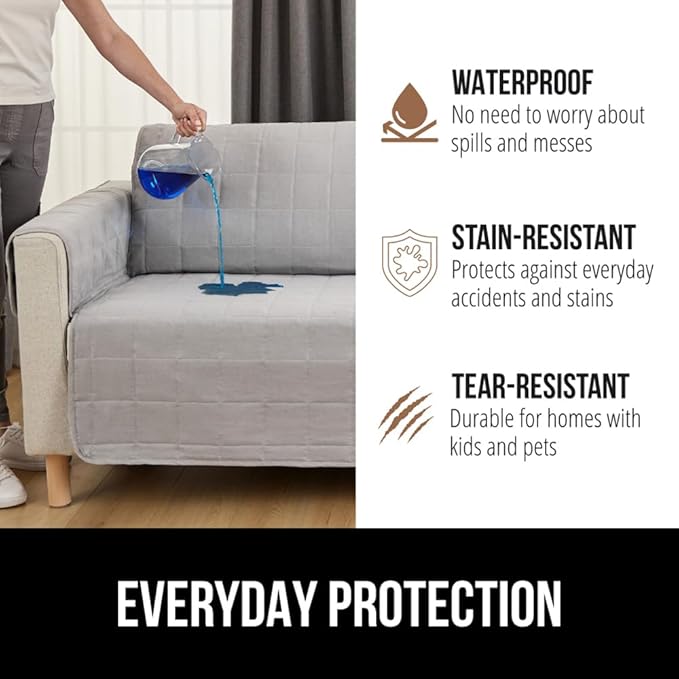 GORILLA GRIP Patented Waterproof Slip-Resistant 70” Sofa Protector Cover, for Leather or Fabric Couch Cushion, Large Microsuede Furniture Covers Dogs Pets Machine Washable Slipcover, Slate
