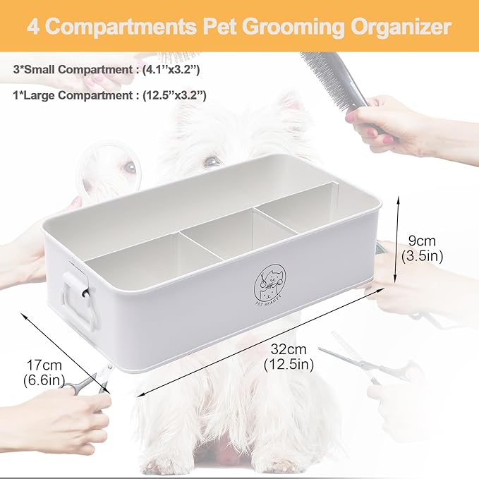 Premium 4-Compartment Dog Grooming Organizer,Metal Caddy for Pet Stuff with Handle-Powder Coated Storage Bin for Dog Cat Grooming Kit,Clippers,Brushes,Scissors & Supplies-White