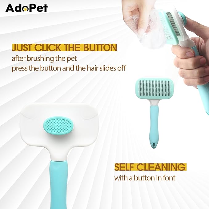 Adopet Self-Cleaning Pet Grooming Brush – Smooth Grooming Brush for Dogs and Cats, Easy Hair Removal with the Push of a Button, Gentle Shedding Remover for Small Pets, Comfortable Non-Slip Handle