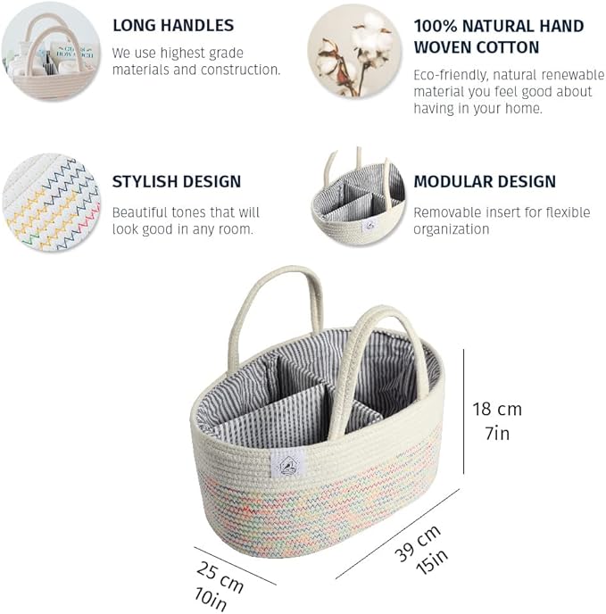 OrganiHaus Nursery Storage Basket, Cotton Rope Toy, Foldable Design, Machine Washable, Ideal for Baby Room & Laundry - Stitches Rainbow