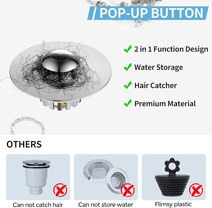 Universal Tub Stopper for Bathroom Sink & Bathtub Drain, 2-in-1 Pop Up Drain Stopper with Hair Catcher, Brass Anti-Clog Bathroom Sink Drain Strainer, Easy to Clean, Fits 1.5" to 1.8" Drain Holes