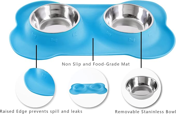 Hubulk Pet Dog Bowls 2 Stainless Steel Dog Bowl with No Spill Non-Skid Silicone Mat + Pet Food Scoop Water and Food Feeder Bowls for Feeding Small Medium Large Dogs Cats Puppies (Large, Turquoise)