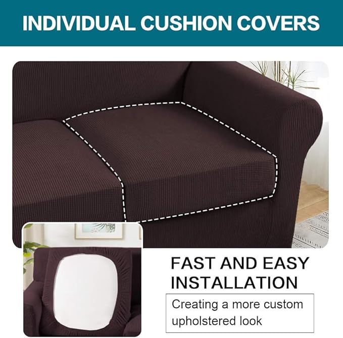 Turquoize 3 Piece Sofa Covers For 2 Cushion Couch Sofa Slipcover Soft Couch Cover For Dogs-Washable Sofa Furniture Covers With 2 Individual Cushion Covers, Feature Thick Fabric (2 Cushion Sofa, Brown)