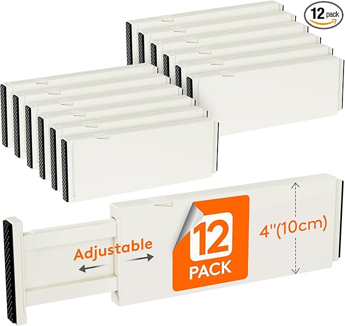 Lifewit 12 Pack Drawer Dividers Plastic 4" High, 11-17" Adjustable Drawer Organizers for Clothes, Expandable Dresser Separators in Bedroom/Bathroom/Kitchen/Office Organization and Storage, Beige