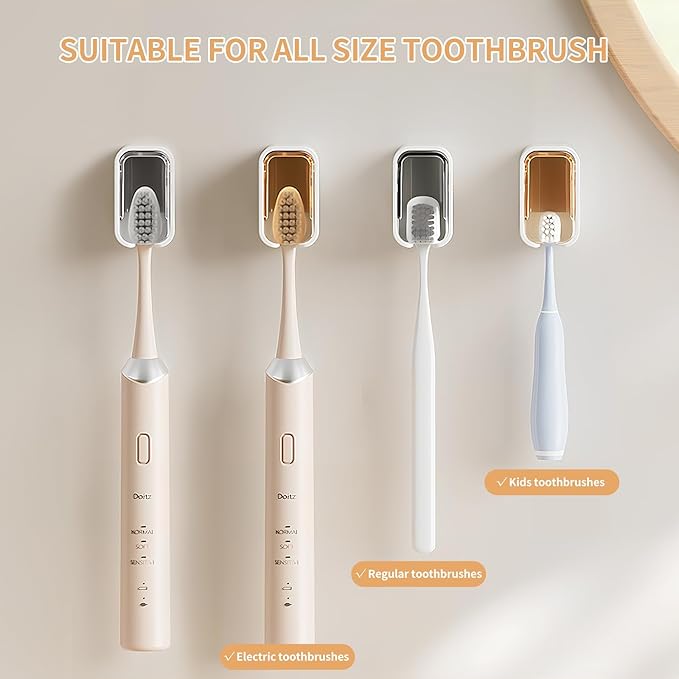 Wall Mounted Toothbrush Holders for Bathroom,Strong Self Adhesive Tooth Brush Holder with Cover, Toothbrush Heads Organizer for Family, 4 Pcs