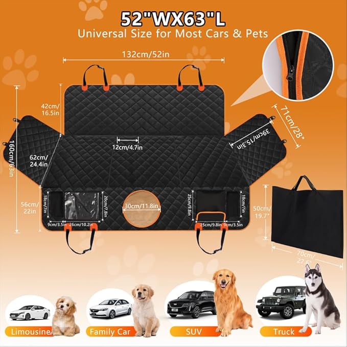 KONNAO Dog Car Seat Cover for Back Seat, Hard Bottom Back Seat Extender for Dogs, Holds 420lbs, Waterproof Pet Hammock Protector, Thick and Durable Dog Seat Cover for Truck, Car, SUV-Black