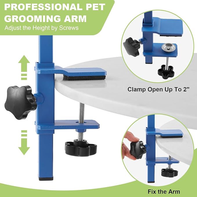 Home Dog Grooming Table Arm with Hammock 35" Height Adjustable Dog Grooming Arm with Clamp No-Sit Haunch Holders Durable Blue(Grooming Table Not Included)