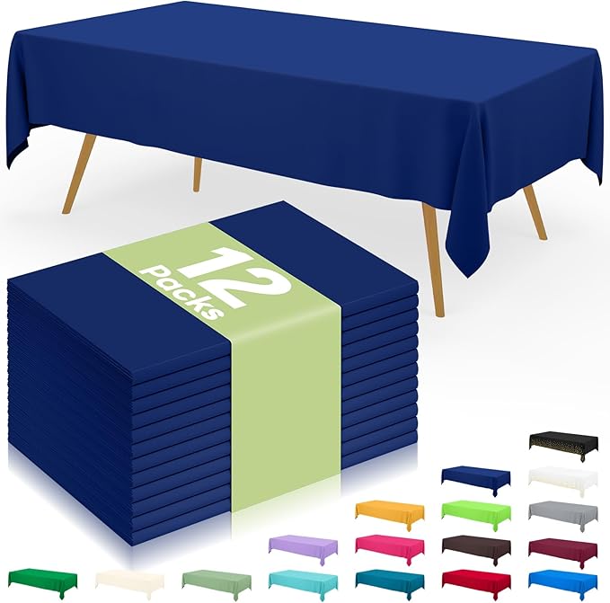 Smiry Disposable Table Cloth 12 Pack, 54 x 108 Inch Waterproof Plastic Tablecloth, Decorative Rectangle Table Covers for Party, Birthday, Picnic, Navy