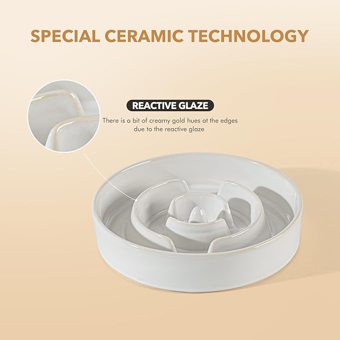 Ceramic 1.6 Cup Dog Bowl Slow Feeder for Large and Medium Dog, 8.2inch Pet Slow Dish, Stop Bloat, Preventing Choking(Single Bowl, Reactived Glaze -White)