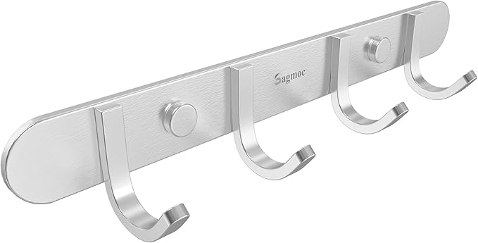 Coat Hook Rack Brushed Nickel - Sagmoc 10.6-Inch Coat&Towel Hook Rail Wall Mounted with 4 Hooks, Durable Wall Hangers for Bedroom, Bathroom, Foyer, Hallway (SUS304 Stainless Steel)