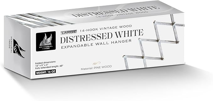 Expandable Wooden Coat Rack Hanger - Large Accordion Hanger with Expanding Pegs | Hand Made Rustic Wooden Hat Rack for Wall | Hang Coat, Jacket, Hat | Wall Rack – 14 Hook, Distressed White