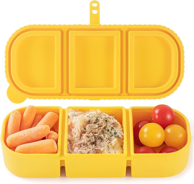 Silicone Snack Containers for Kids, 3-Compartment Reusable Small Snackle Box with Airtight Lids for Lunchable, Sauce, School, Travel, Work（1Pack-14oz）