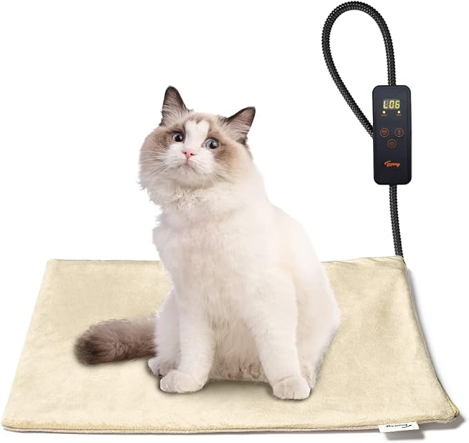 Toozey Pet Heating Pad, 6 Adjustable Temperature Heated Cat Bed with Timer, Waterproof Electric Heated Mat for Dogs and Cats, Chew Resistant Cord, Safe Indoor Use, 18x16in