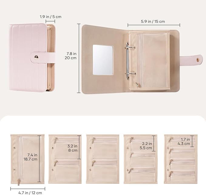 Lolalet Travel Jewelry Organizer Case, Portable Jewlery Storage Book Portfolio Binder with Zipper Velvet Pouch and Built-in Mirror for Women -Pink