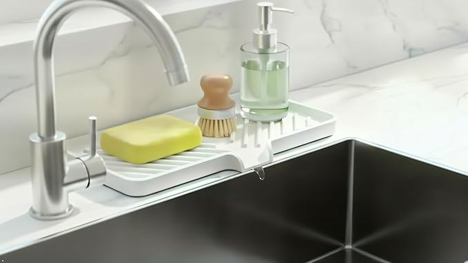 Happitasa Silicone Soap Dish Tray and Sponge Holder with Drain Chute and Feet | 3-Way Sloped Design | Bathroom and Kitchen Sink Organizer Caddy (Light Grey, 10"x4")