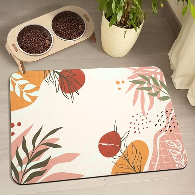 Dog Food Mats for Floors Waterproof, Pet Water Bowl Mats Pet Feeding Absorbent Placemats Bohemia Tropical Leaves 16 * 24 inch