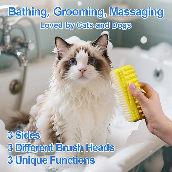 3-in-1 Pet Grooming & Bath Brush for Dogs and Cats, Triple-Sided Design with Cone Massage Tips, Long Self-Cleaning Deshedding Nubs, Short Bathing Nubs, Soft Silicone Brush with Hanging Loop, Green