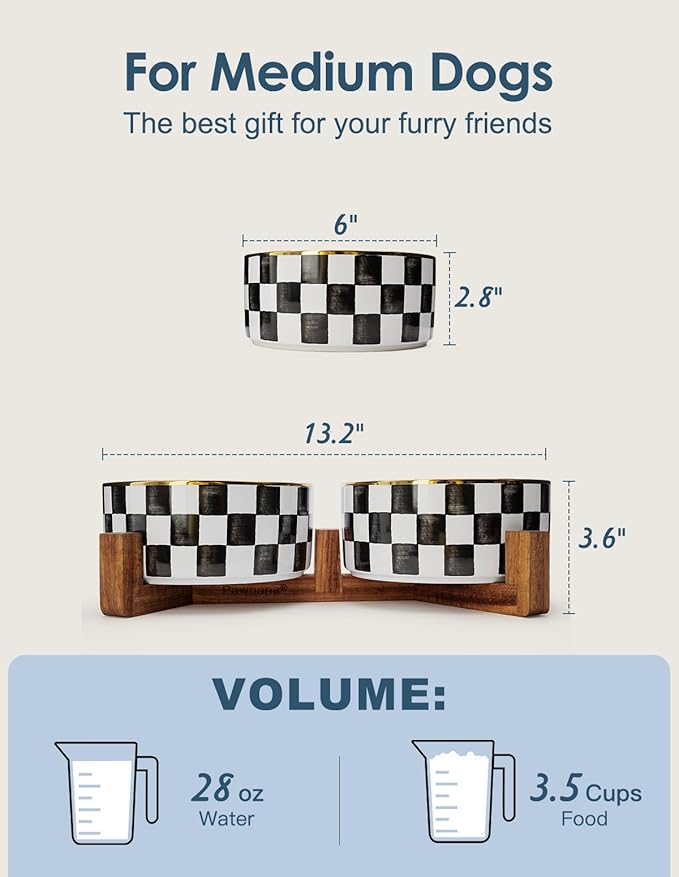 Ceramic Dog Bowls for Medium Dogs, 3.5 Cup Checkered Dog Food and Water Bowl with Acacia Wood Stand, Non-Slip Anti-Tip Elevated Feeding Station, Black and White
