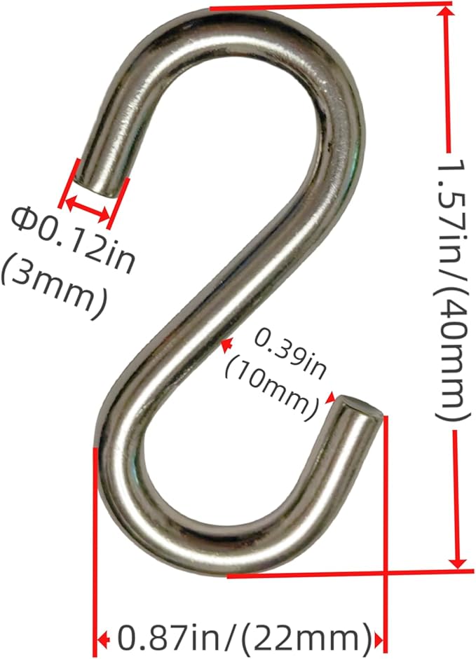304 Stainless Steel S Hook, S Hook Metal Hanging Practical Hook Connecting Hook for Item Hanging (Dia:1/8in(3mm)-20PCS)