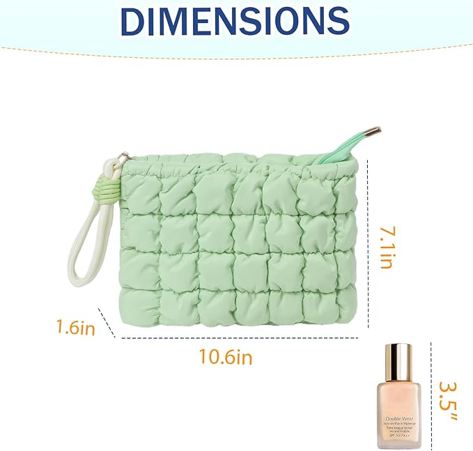 Puffy Quilted Makeup Bag Cosmetic Bag Equipped with a Detachable Handle Cute Zipper Pouch for Storage Clutch for Women(Green)