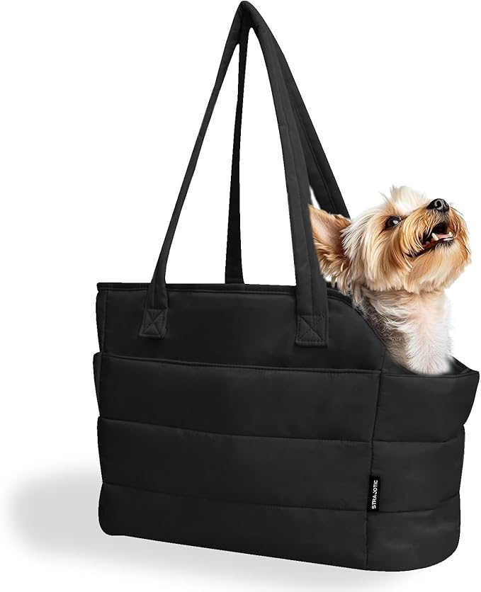 Lightweight Dog Purse Carrier for Small Dogs Under 15 lbs, Puffy Quilted Pet Carrier Tote for Puppies with Safety Leash Clip, Women's Hands-Free Dog Carrier Bag, Matte Black