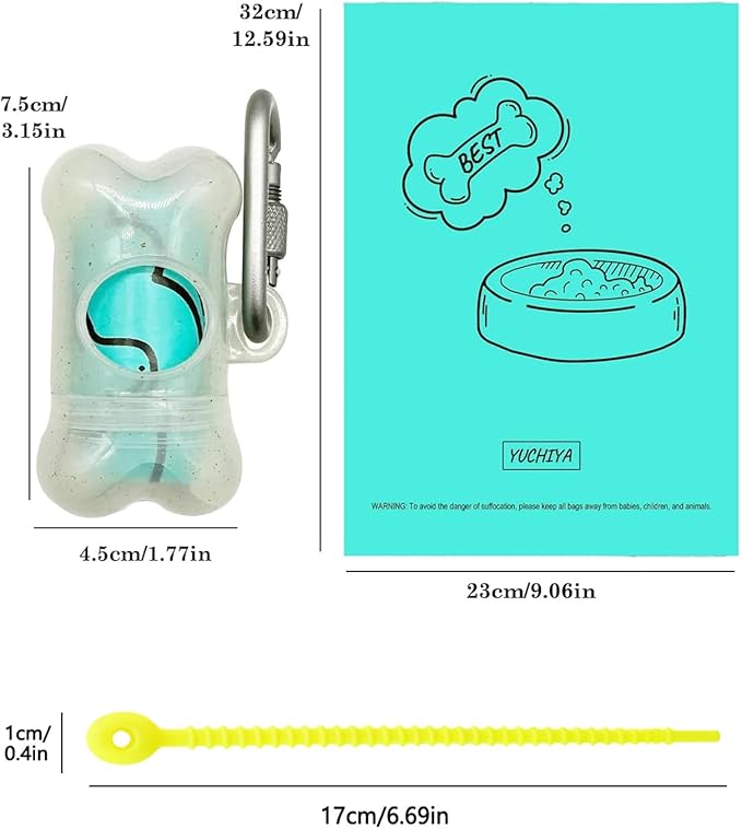 Dog Poop Pickup Bags Holder Dispenser with Scented Doggy Waste Bags and Carabiner with Safety Lock Plus Hook and Loop Fastener Never Loose on Leash Lead Again (1 Holder 15 Bags, Clear)