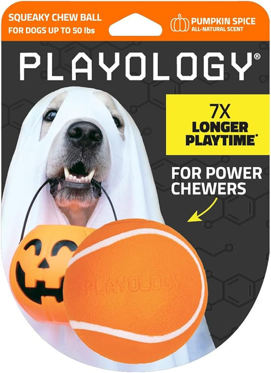 Playology Dog Toys | Squeaky Chew Ball - Bouncy Durable Floating Fetch Ball for Dogs | Medium Pumpkin Spice Scented Toy - Easy to Clean and Made from Non Toxic Materials