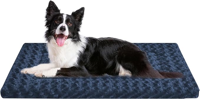 Washable Dog Bed Plush Orthopedic Outdoor Crate Mat with Non-Slip Bottom,Luxe Soft Kennel Pad for Pets, Cozy Cage Cushion & Pet Sleeping Mattress Large Sized,Medium,Small Dogs,36 x 24 inch,Blue