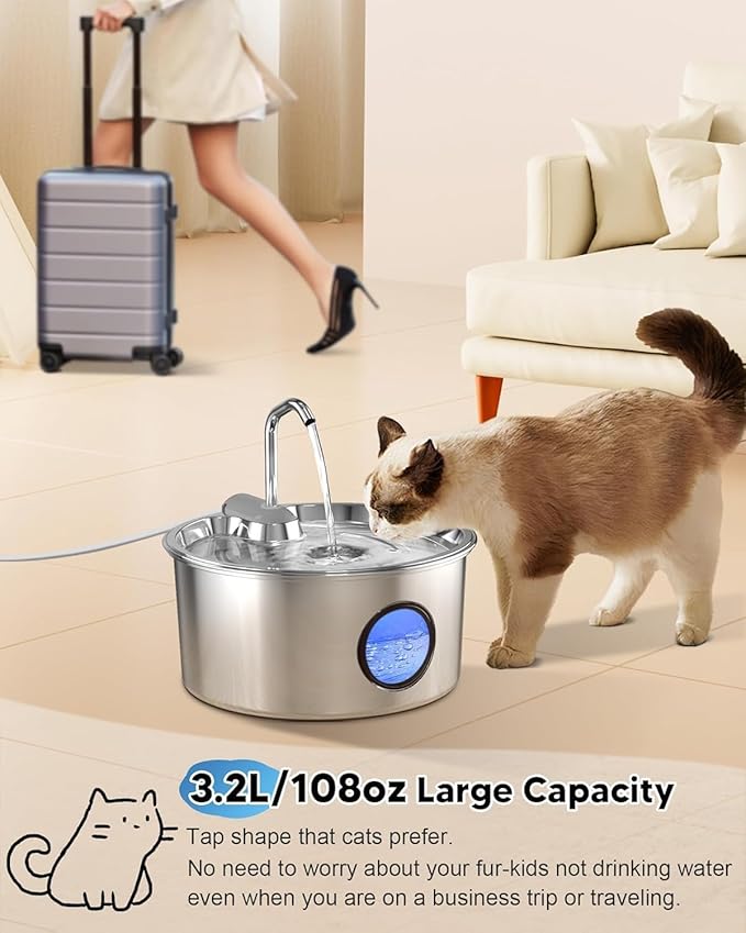 Cat Water Fountain Stainless Steel - 108oz/3.2L Automatic Cat Water Fountain for Drinking with 3PCS Filters, Metal Pet Water Fountain Water Dispenser for Cats, Puppy, Multiple Pets