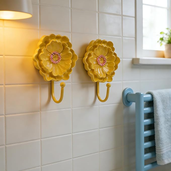 Guichifun Flower Shaped Decorative Wall Hooks - 2pcs Resin Yellow Vintage Decor Hanger for Keys, Bags, Towels Bathroom Living Room Kitchen Home Decoration Gift 4.3 x 2.2 x 6 Inch
