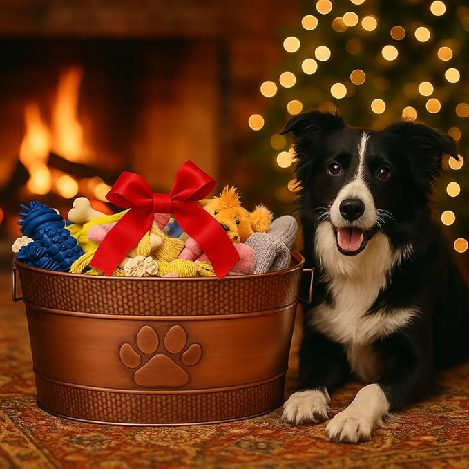 BREKX Indestructible Metal Dog Toy Bin - Copper Galvanized Storage Bin with Handles, Puppy Basket for Dog Storage, Blankets, & Leashes, Paw Pet Toy Box (25-Quart)