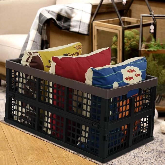 Bringer 4-Pack 40 L Plastic Collapsible Storage Crate, Stackable Folding Storage Baskets