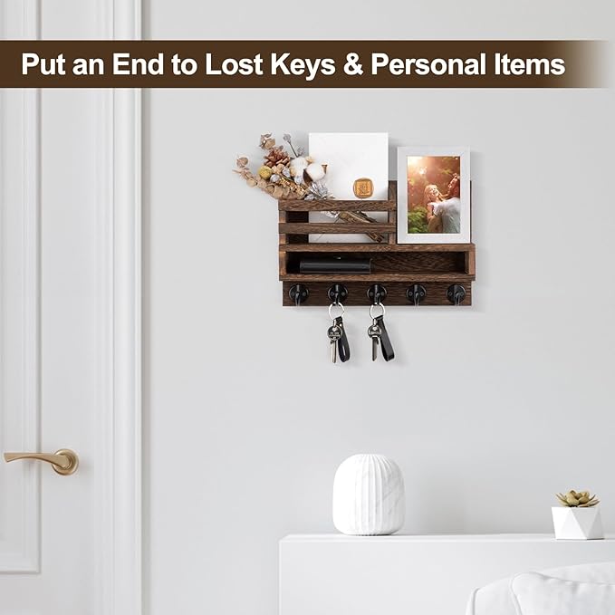 Lucundm Key and Mail Holder Wall Mount, Key Hanger with Long Storage Box and 5 Hooks for Coat, Dog Leash, Home Decor Rack, House Accessories, Entry Way Organizer 11.8”W x 7.8”H x 3.2”D