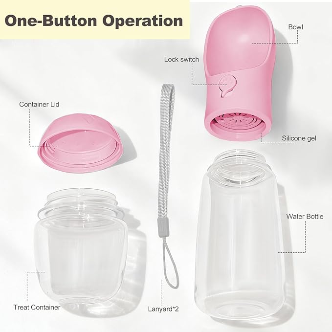 Portable Dog Water Bottle with Food Container, BPA Free Travel Water Bottle for Dogs, 2-in-1 Dispenser Drinking Feeder for Pets Walking, Hiking, Travel, Puppy Essentials, Pink, 12oz