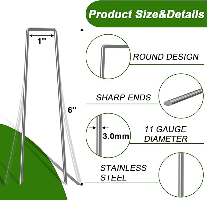 AAGUT Garden Stakes Pins, Landscape Staples 200 Pack 6 Inch 11-Gauge Galvanized Lawn Stake for Dog Fence, Weed Barrier Fabric, Ground Cover, Irrigation Tubing Soaker Hose, Chicken Wire