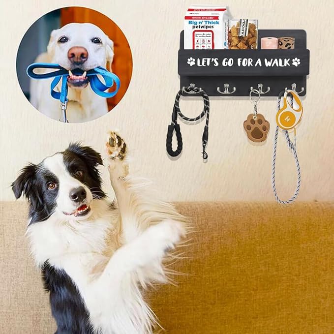Wood Dog Leash Holder for Wall, Key Hangers with 4 Double Key Hooks, Dog Leash Hanger Wall Mounted for Entryway, Farmhouse Treats,30cm, Black