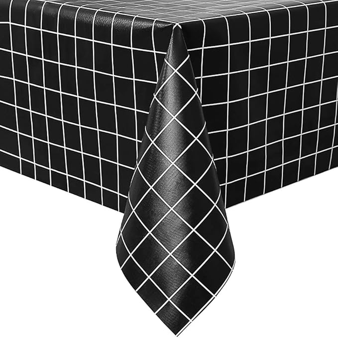 Romanstile Rectangle Vinyl Tablecloth, 100% Waterproof Oil-Proof Checkered Plastic Table Cloth, Heavy Duty Wipeable Table Covers for Dining, Camping, Picnic, Outdoor - 54 x 108 Inch, Black