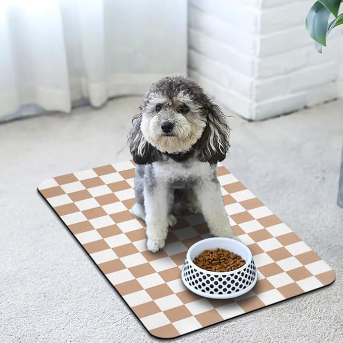 Dog Food Mats for Floors Waterproof, Pet Water Bowl Mats Pet Feeding Absorbent Placemats Plaid 24 * 32 inch