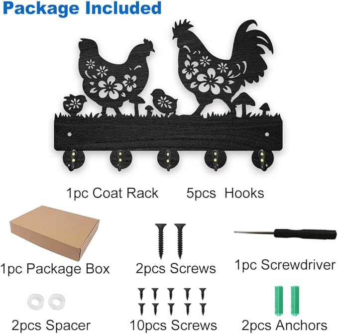MAYJOYDIY Chicken Coat Hooks Wall Mount Floral Roosters Hens Chicks Wood Key Holder for Wall 11.8×7.9inch Black Animal Wall Art Decor Key Hooks 5 Alloy Hooks for Gift Farmhouse Entryway Living Room