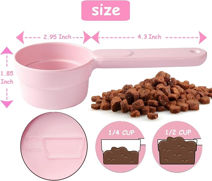 Joyinjojo Dog Cat Food Scoop - Pet Food Scoop Dog Food Measuring Cup 1/2 1/4 Cup, Comfortable Long Handle for Easy to Scoop Food, Soft Pink 1/2 Cup