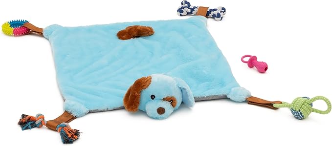 Puppy Play Mat with Toys for Small Breeds - Blue, 23”x20” - Multi-Functional Interactive Toy and Sleeping Pad with Detachable Dog Toys for Small Dogs to Keep Busy, Puppy Gifts for New Owner