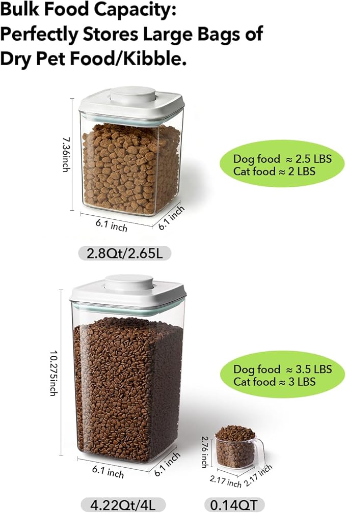 EQI Dog Food Storage Container with One-Touch Lid, 4.22 QT / 4.0 L BPA-Free Cat Food Storage Container，Stackable Durable PET with 130ml Scoop, for Kibble, Treats, and Precise Feeding