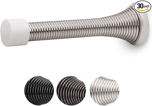 HOMOTEK 30 Pack Spring Door Stopper with Rubber Bumper Satin Nickel 3-1/8" Flexible Spring Heavy Duty Wall Door Stop Low Mounted Door Bumper for Home (Satin Nickel)