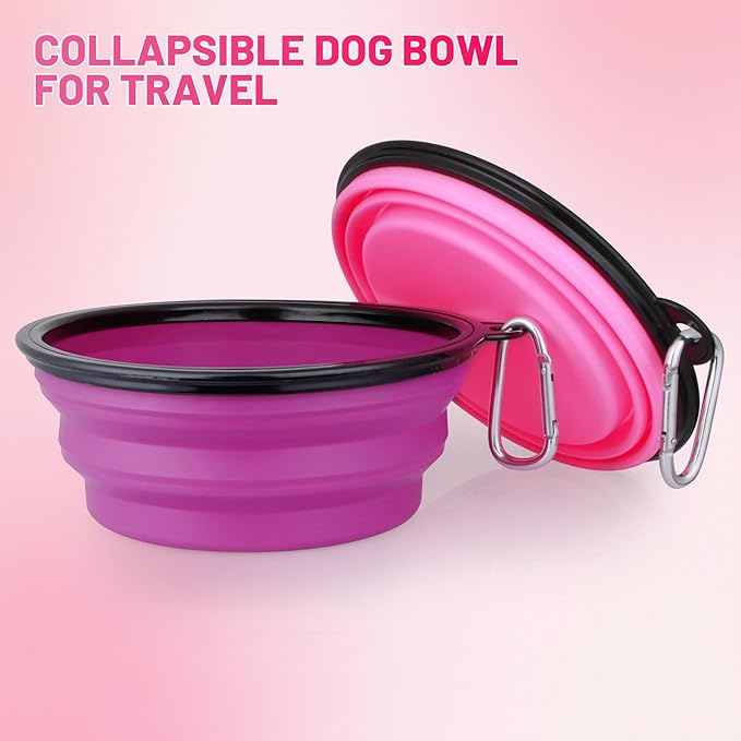 Dog Bowl Pet Collapsible Bowls, 2 Pack Collapsible Dog Water Bowls for Cats Dogs, Portable Pet Feeding Watering Dish for Walking Parking Traveling with 2 Carabiners (Large, Pink+Purple)