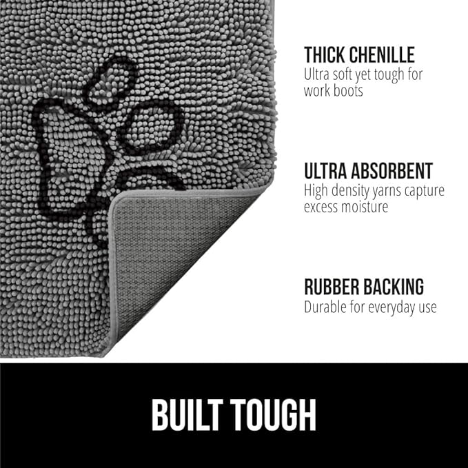 GORILLA GRIP SOAKSTOPPER Dog Door Mat, 30x18 Machine Washable Rug Absorbent Doormat Captures Moisture Mud Dirt, Quick Dry Soft Chenille Entryway Rugs Indoor Entrance Mats for Dog Paws, Paw Gray