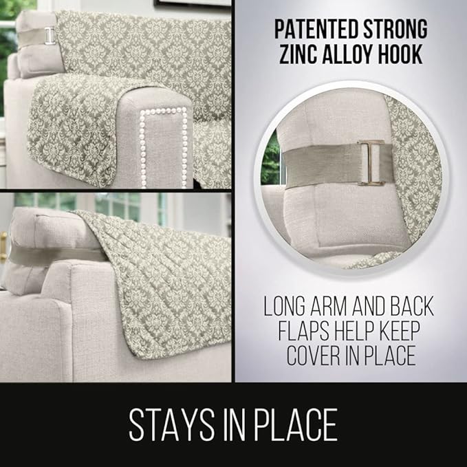 Sofa Shield Couch Slip Cover with Patented Strap, Cushion Protector, US Designed Reversible Stain and Dog Tear Resistant Slipcover, 88 inch Seat, Washable Covers for Dogs Pets, Damask Latte Ivory