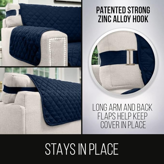 Sofa Shield Couch Slip Cover with Patented Strap, Cushion Protector, US Designed Reversible Stain and Dog Tear Resistant Slipcover, 62 inch Seat, Washable Covers for Dogs Pets, Navy Sand